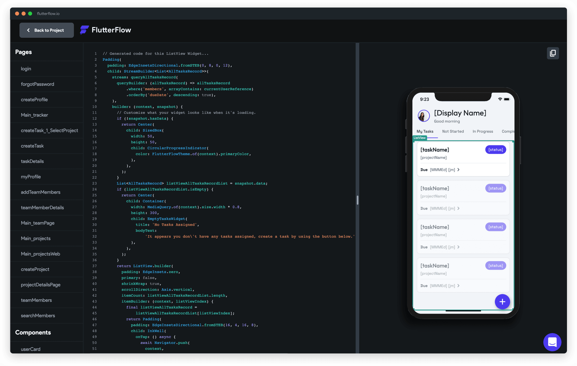 Codeview in Flutterflow -- as you build your app in Flutterflow; automatically get generated code that you can download.